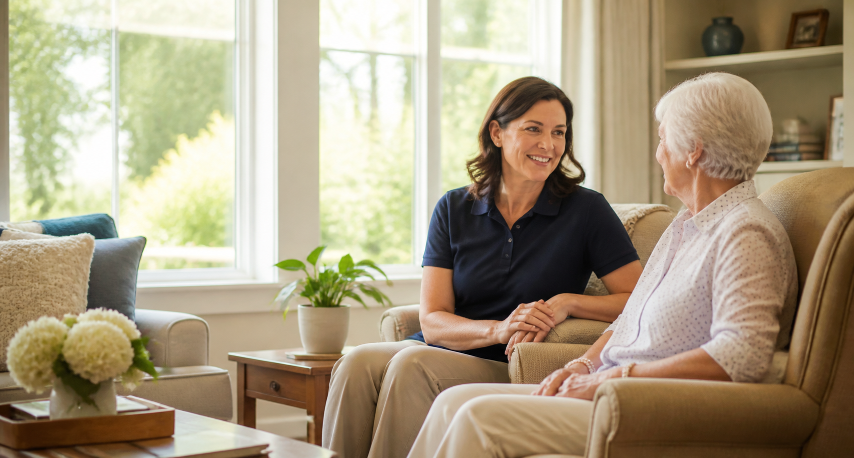 A professional companion speaking with an older adult in a sunny home